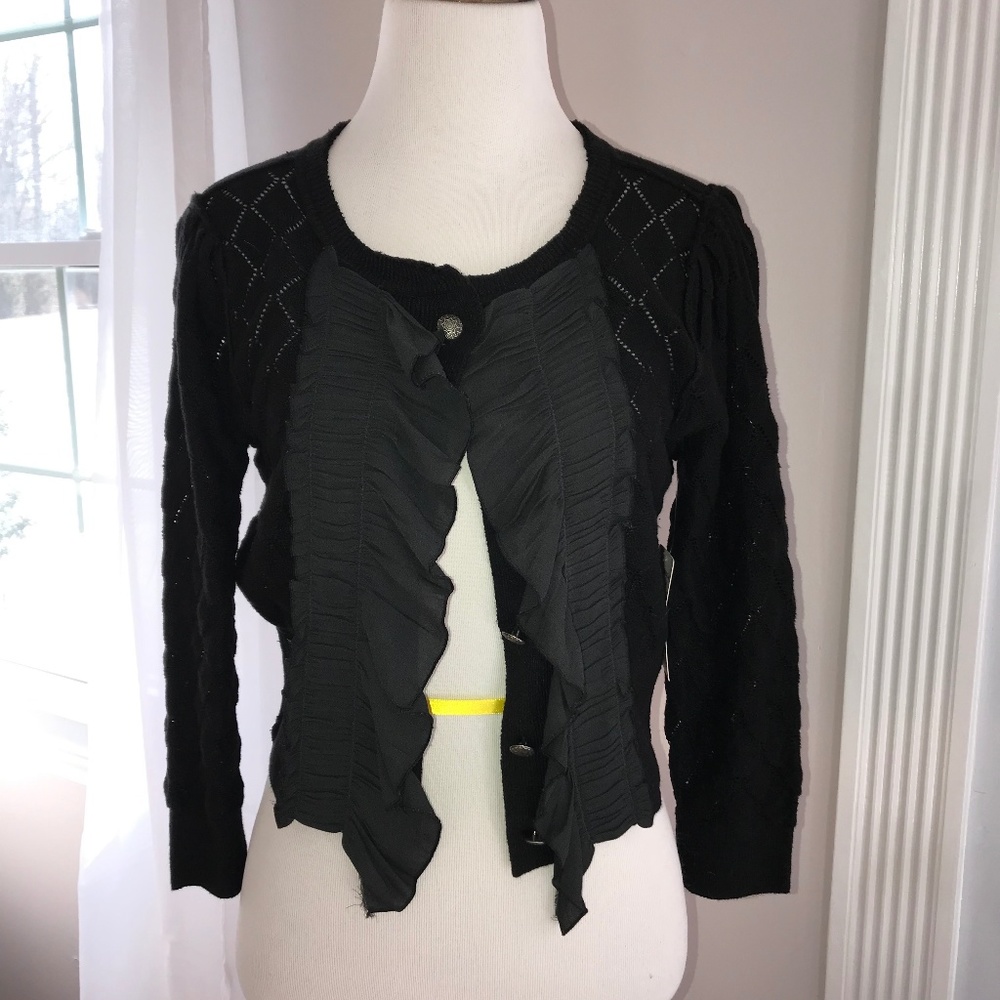Free People Black Ruffle Front Cardigan